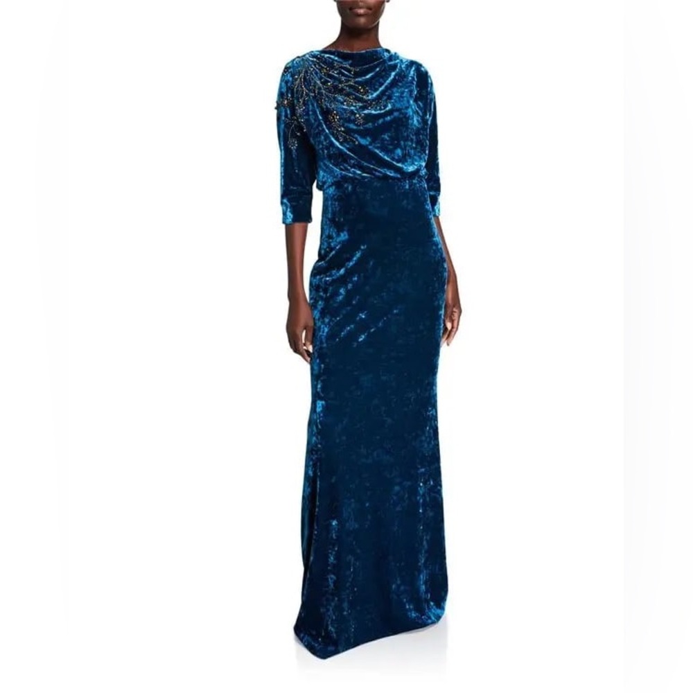 Badgley Mischka Beaded Velvet High-Neck Column Gown